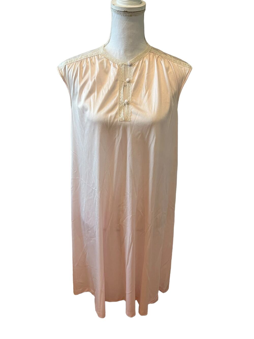 Vintage 60s 70s Delicate Lace Trim Silky Nightgown Pastel Pink